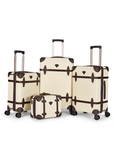 LIMRA Travel Bags Classic Leather Luggage 4 Pcs Set Beige/Dark Brown 28''-24''-20'''-14'''Inches